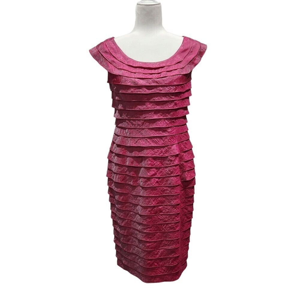 Adrianna Papell Irridescent Metallic Pink Ruffled Shutter Pleat Sheath Dress, 6